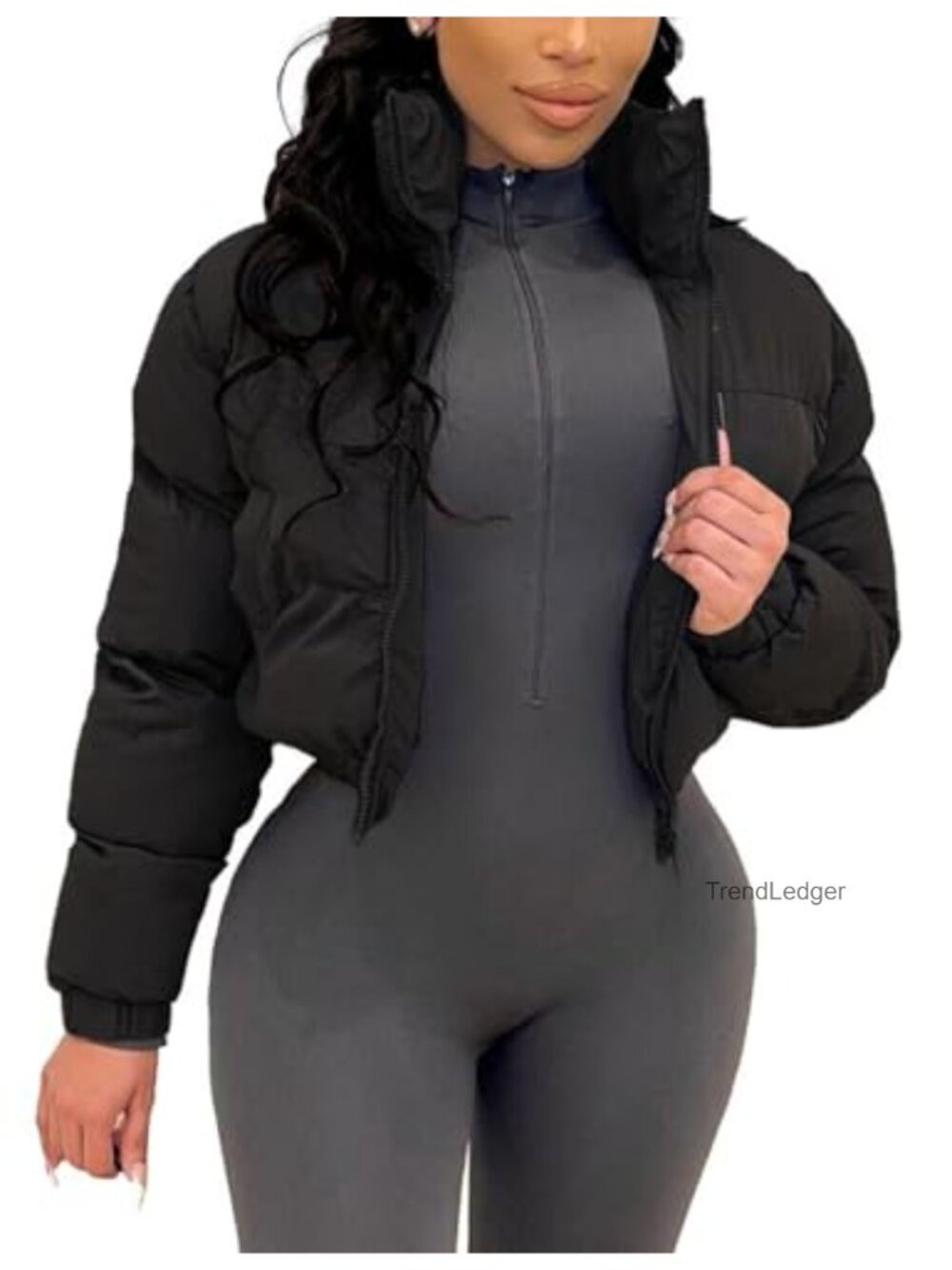 Cropped Puffer Jacket Womens Quilted Zip Up Winter Coat